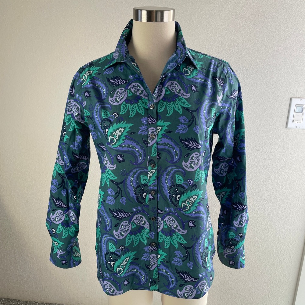 Lands End Womens 8P No Iron Supima Cotton Shirt Green Purple Tropical Leaf Top